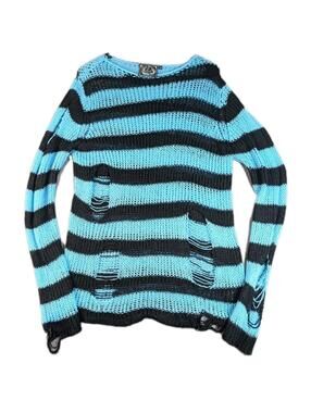 Killstar Womens Small Blue Black Striped Distressed Grunge Goth Sweater Knit